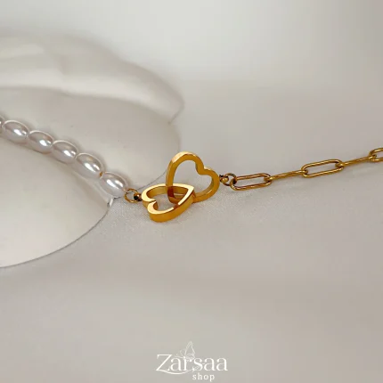 دستبند مروارید و زنجیر دو قلب