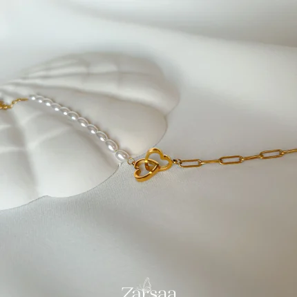 دستبند مروارید و زنجیر دو قلب