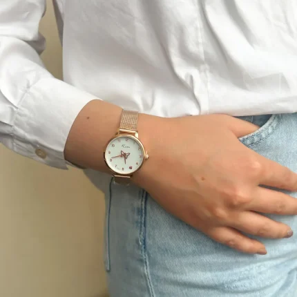 ساعت زنانه بند حصیری رزگلد kcm مدل پروانه